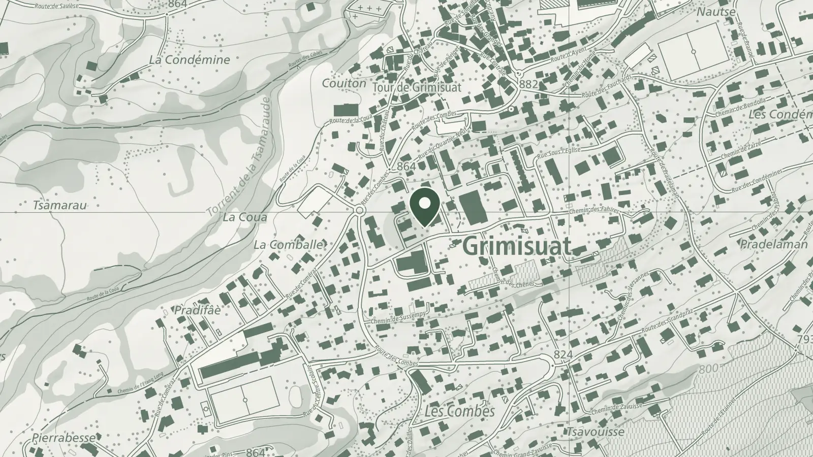 Plan du centre de Grimisuat : le cabinet est repéré Rue Sous l’Église 5, près de la route des Combes.